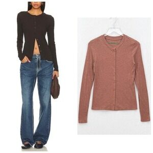 ENZA COSTA Cashmere Long Sleeve Cardigan Womens Medium Sepia Fitted Crew NEW